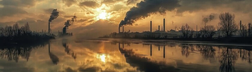 Fototapeta premium A landscape showcasing industrial smoke stacks against a dramatic sunset, reflecting on water, highlighting environmental pollution.