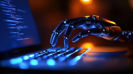 Fototapeta premium Robotic hand typing on a laptop keyboard