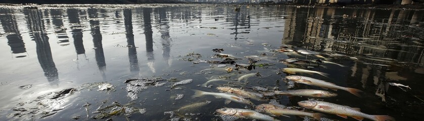 The image depicts a polluted water body with fish swimming, reflecting nearby structures, highlighting environmental concerns.
