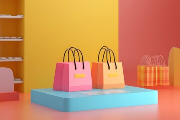 A high-quality 3D illustration of an e-commerce store interface with floating shopping bags and a checkout button.