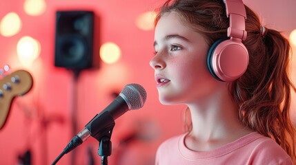 Girl Singing with Headphones in a Colorful Music Studio Setting