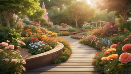 A serene pathway lined with wooden planters filled with vibrant flowers and greenery, bathed in soft natural light.