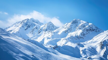 Obraz premium Snow-covered mountains under a clear blue sky.