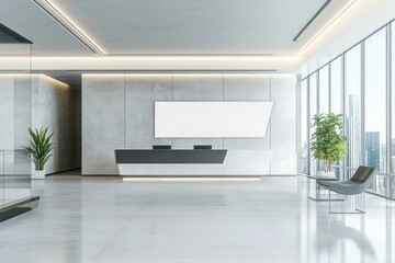 A high-tech office interior with an ultra-clean aesthetic, sleek furniture, and a blank space for a digital ad or branding.