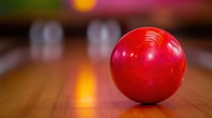 Naklejka premium A bold red bowling ball is seen rolling down a polished wooden lane in a colorful bowling alley, illuminated by overhead lights