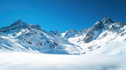 Obraz premium Snow-covered mountains under a clear blue sky.