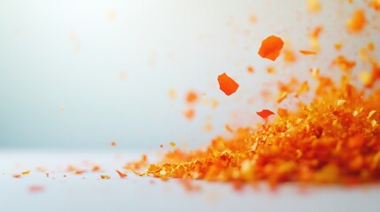 Vibrant orange flakes are scattered across a smooth surface, catching the light and creating a lively atmosphere in a bright setting