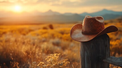 Cowboy hat on fence post at sunset. (1)