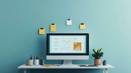 Business presentation relevance concept. Modern workspace with a computer and decorative clipboard wall display.