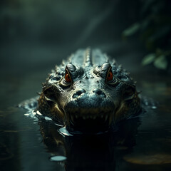  alligator emerging from the water, its wet, scaly skin glistening under dim jungle light