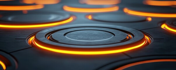 A futuristic surface with glowing orange circles, highlighting an advanced technology theme and sleek design.