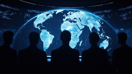 A group of silhouetted figures observes a glowing, digital representation of Earth, highlighting continents and global data.