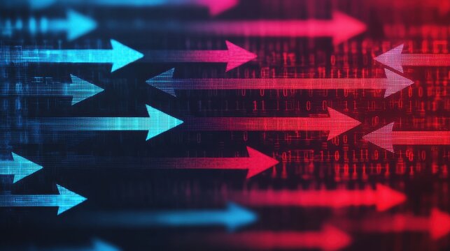 A digital graphic featuring arrows in blue and red, moving in different directions against a backdrop of binary code.