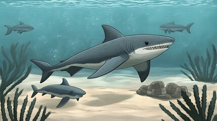 Obraz premium Great White Shark Underwater Scene Ocean Wildlife Illustration