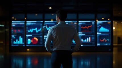 Businessman analyzing data on large screens