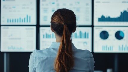 A professional woman analyzes data displayed on multiple screens, indicating a focus on analytics and decision-making in a corporate environment.