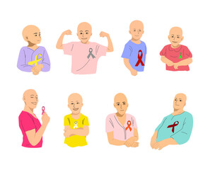 A collection of illustrations depicting strong and resilient cancer patients, for health awareness campaigns, medical support materials, and inspirational projects.