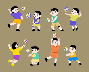 A collection of illustrations featuring children in various volleyball poses, for sports-themed designs, school activities, and athletic projects.