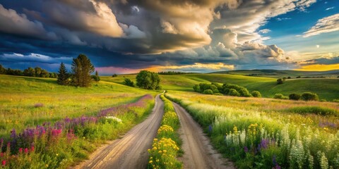 Obraz premium Dramatic Cloudy Sky, Winding Dirt Road, Lush Green Landscape, Wildflowers, Nature Photography