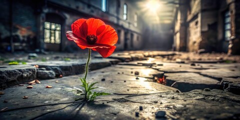 Dramatic Dark Urban Poppy - Single Red Flower Photography, Grungy Industrial Backdrop,  Urban Exploration