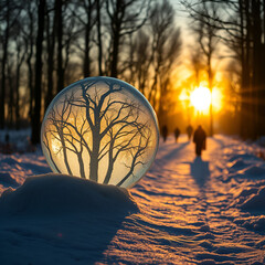  glowing glass sphere with intricate frost-like tree patterns resting on a snowy path at sunset