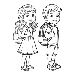 Cute School Kids Line Art – Boy & Girl with Backpacks | Black & White Outline Drawing