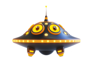 A cartoonish ufo with big yellow eyes and orange lights sitting on Isolated on white transparent background
