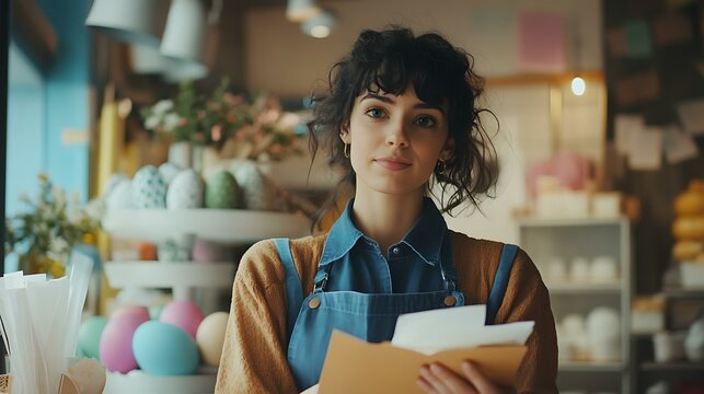 A young female startup owner examining Easter sales charts with a focused expression