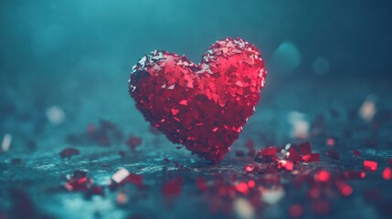 A vibrant red heart crafted from sparkling crystals rests on a dark surface, with scattered fragments creating a dazzling effect