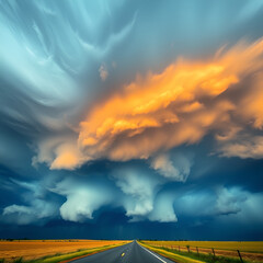 A dramatic supercell storm with swirling, textured clouds in shades of deep blue and fiery orange