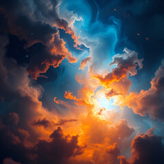  cosmic nebula with swirling clouds of deep blue and fiery orange, illuminated by glowing stars