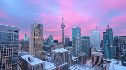 Naklejka premium vibrant cityscape at sunset with pink and purple sky, showcasing tall skyscrapers and prominent tower, representing hope and endless possibilities