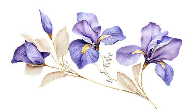 Watercolor Purple Iris Flower Arrangement Isolated on Transparent Background for Decorative Floral Design