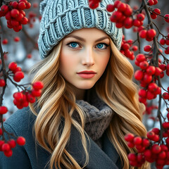  young woman with long, wavy blonde hair and striking blue eyes, standing amidst vibrant red winter berries