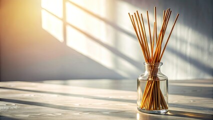 Fototapeta premium Glass Bottle Incense Sticks White Tabletop Photography - Aromatic Home Decor Still Life