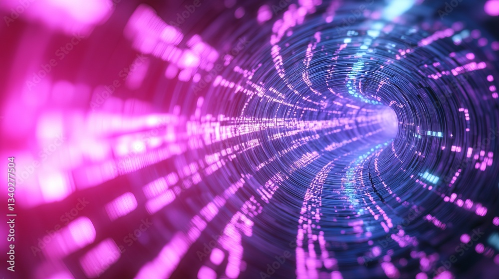 Poster Glowing pink and blue digital tunnel with dynamic light patterns. Futuristic tech concept