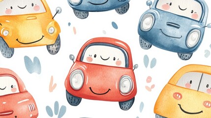 Obraz premium A colorful, whimsical pattern featuring smiling cartoon cars in various colors on a light background.