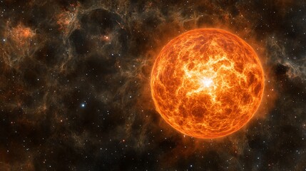 A bright giant sun burns in the midst of the cosmos