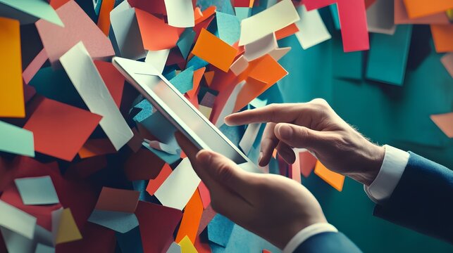 Man uses digital tablet amidst colorful paper snippets background