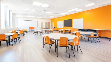 Modern Classroom Interior with Orange Walls and Flexible Seating Arrangement