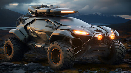 Fototapeta premium Innovative futuristic vehicle positioned in a rocky landscape at dusk captured with detail to showcase the adventure and exploration spirit.