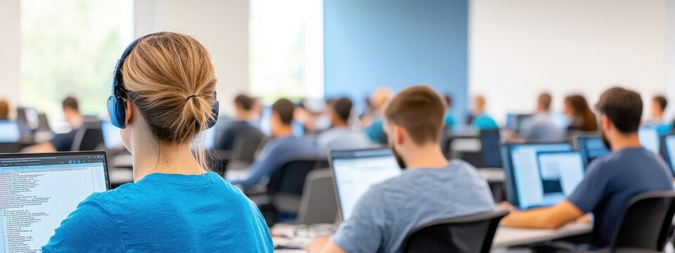 Students Engaged in Learning with Laptops in Modern Classroom Setting