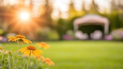 Bright yellow flowers flourish in a serene garden during sunset, creating a warm, inviting atmosphere with a seating area in the distance