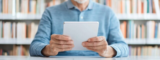 Senior Man Holding Digital Tablet in Modern Library Setting
