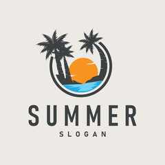 concept with summer beach with palm trees, ocean and sunset logo beach summer illustration template