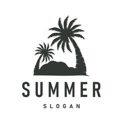 concept with summer beach with palm trees, ocean and sunset logo beach summer illustration template