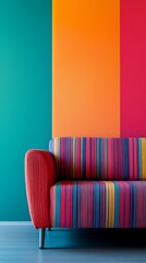 Colorful striped couch against vibrant geometric wall. Modern interior design
