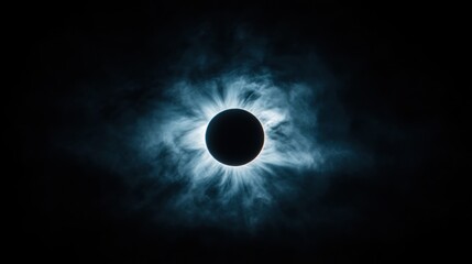 A solar eclipse occurs as the moon obscures the sun, surrounded by a dramatic halo of light in a starry night setting