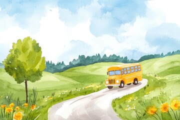 Obraz premium A cheerful yellow bus travels along a winding road through a lush green landscape under a bright sky.