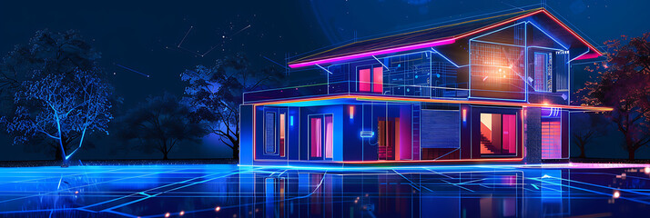 Conceptual futuristic smart home with glowing blue and pink outlines and network connections in a nighttime outdoor setting with trees.

